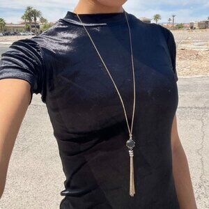 Gold-Tone Necklace & Black Crystal Stud Earrings Jewelry Set With Tassel Pendant